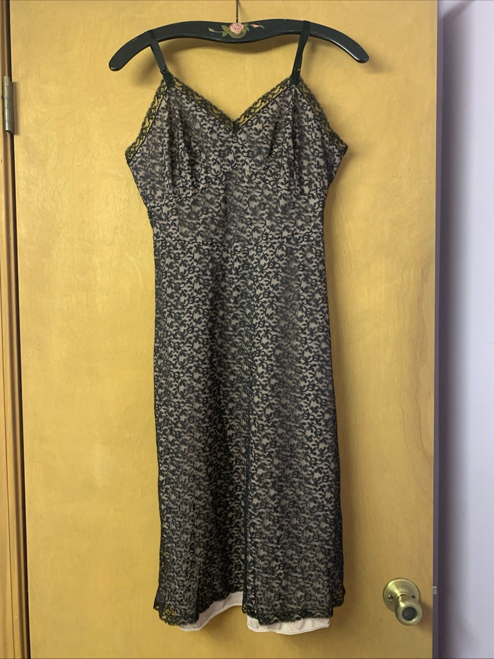 Vintage 50s Gotham Gold Stripe Black Lace Lined Midi Slip Dress